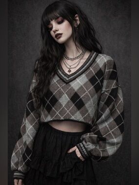 Killstar Women’s Black Grey Argyle Crop Sweater Sz L Emo Whimsygoth Grunge
